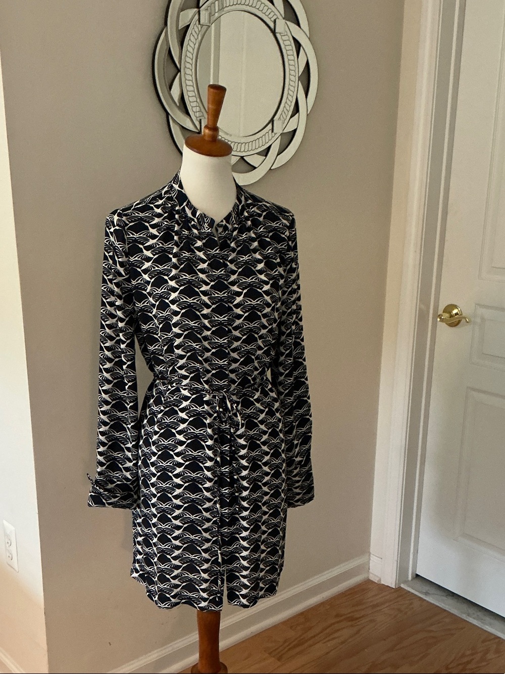 Chico's Navy and White Belted Long-Sleeve Printed Dress